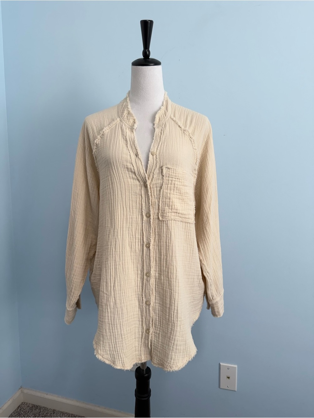Aerie Women’s Oversized‎ Double Gauze Button Front Tunic Shirt Pale Yellow Sz XS